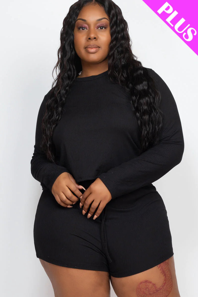 Plus Size Ribbed Loose Fit Long Sleeve Top & Short Set (CAPELLA)