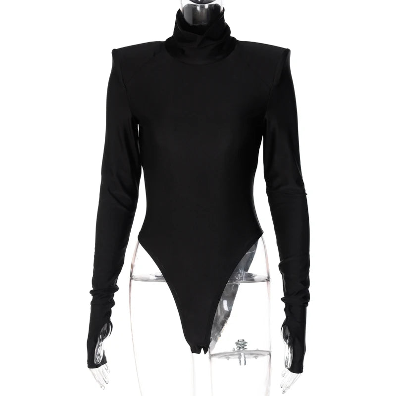 Solid Satin Long Sleeves with Shoulder Pads Turtleneck Slim Bodycon Sexy Bodysuit 2021 Fall Winter Women Party Y2K