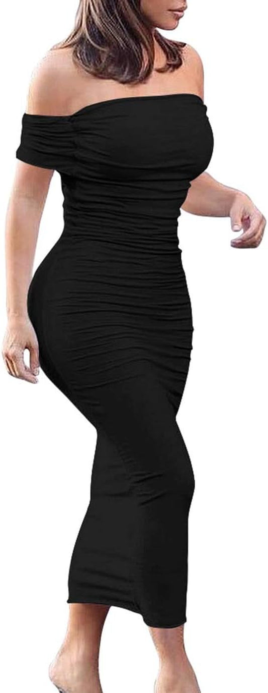 Women'S Ruched off Shoulder Short Sleeve Bodycon Midi Elegant Cocktail Party Dress