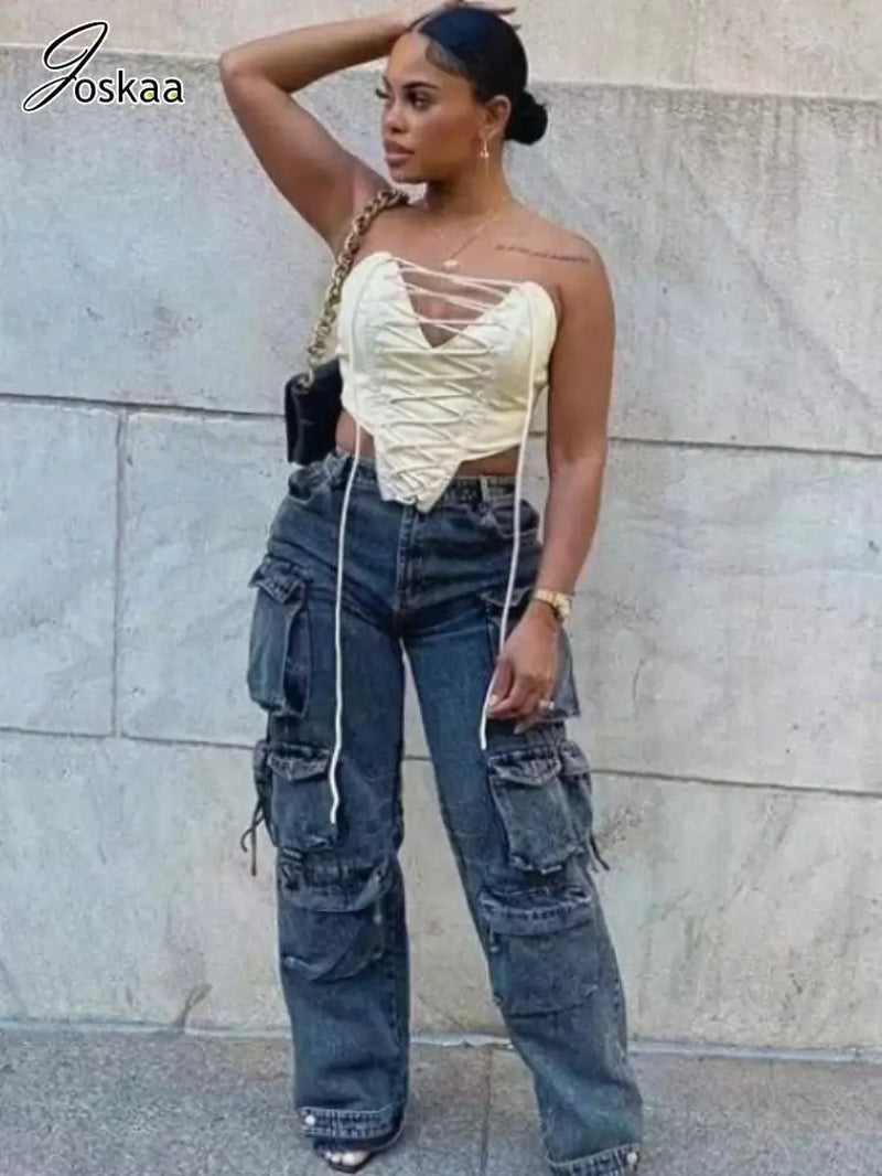 Fashion Y2K Pockets Cargo Jeans Women Hipster High Waisted Straight Pants Fall 2023 Casual Denim Trousers Streetwear