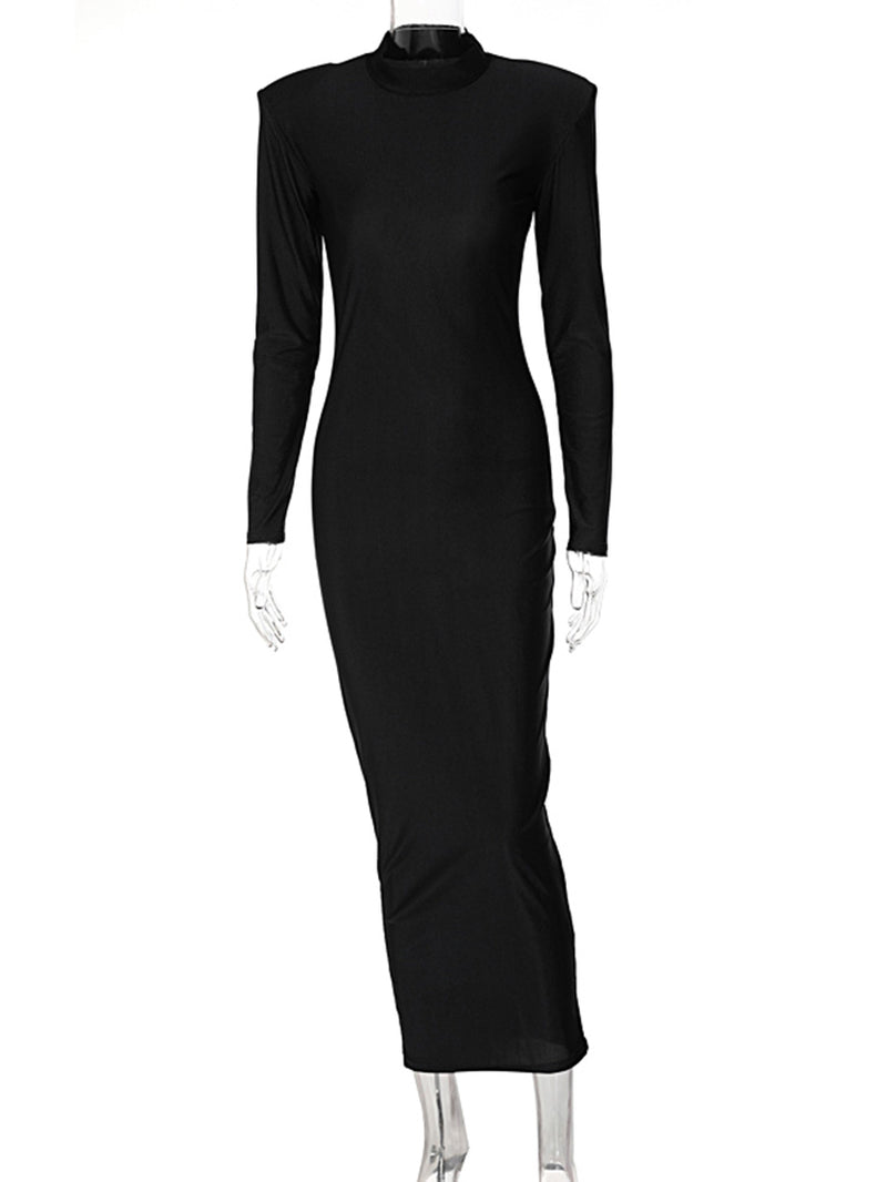 Solid Long Sleeve with Shoulder Pads Turtleneck Maxi Dress 2023 New Year Women Fashion Streetwear Elegant Skinny