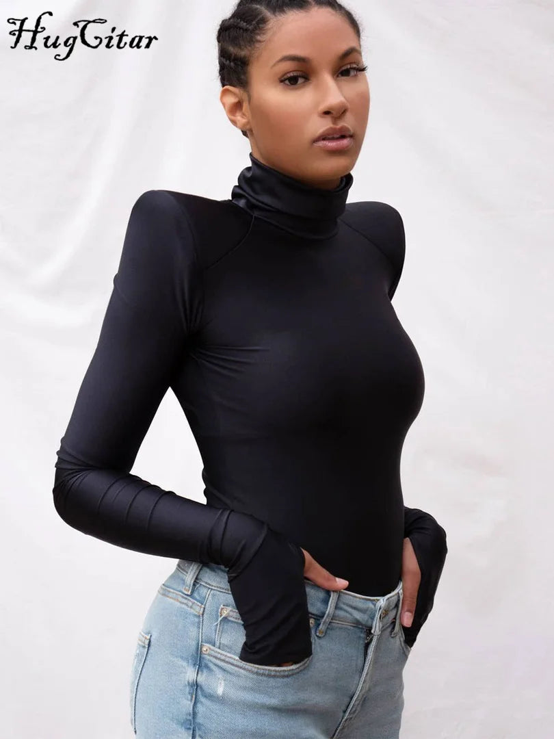 Solid Satin Long Sleeves with Shoulder Pads Turtleneck Slim Bodycon Sexy Bodysuit 2021 Fall Winter Women Party Y2K