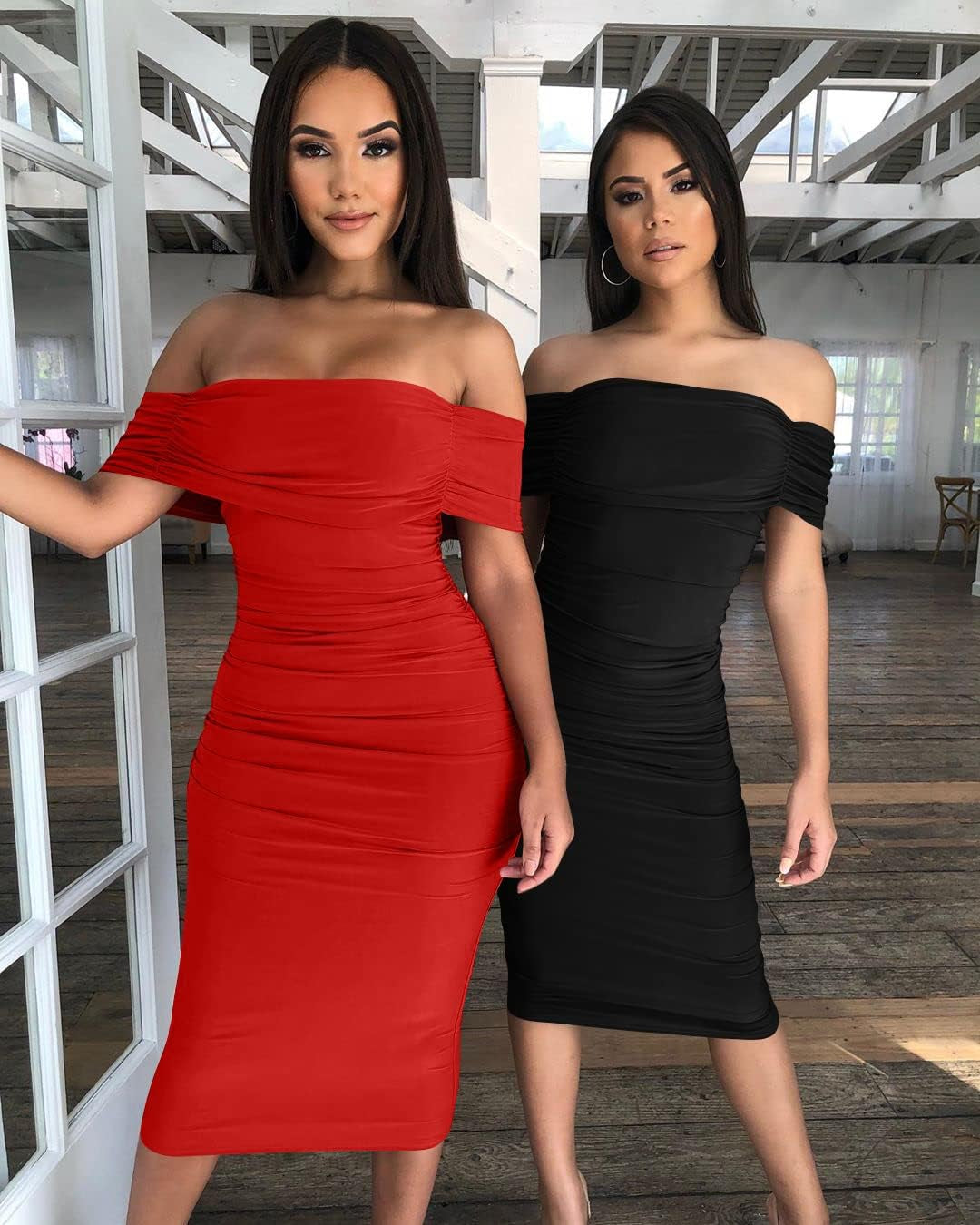 Women'S Ruched off Shoulder Short Sleeve Bodycon Midi Elegant Cocktail Party Dress