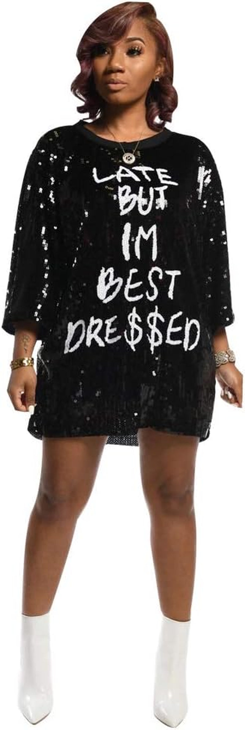 Womens Sequin Glitter Shirt Dress - Sexy Letter Print 3/4 Sleeve Short Dresses Party Club Outfits