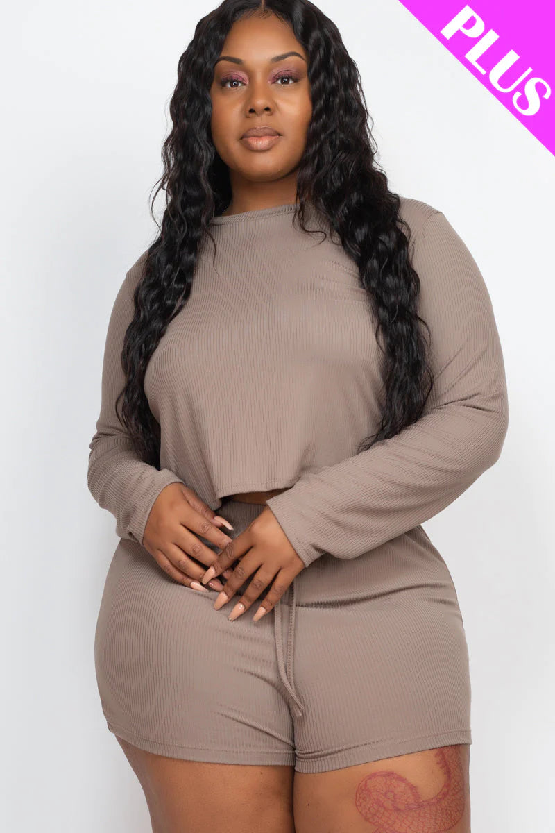 Plus Size Ribbed Loose Fit Long Sleeve Top & Short Set (CAPELLA)